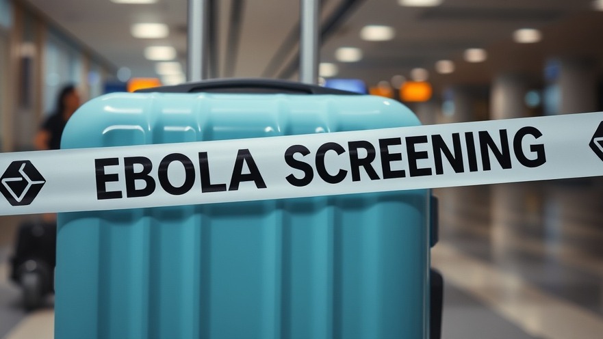 Close-up of a suitcase with 'EBOLA SCREENING' tape, highlighting Ebola outbreak precautions.