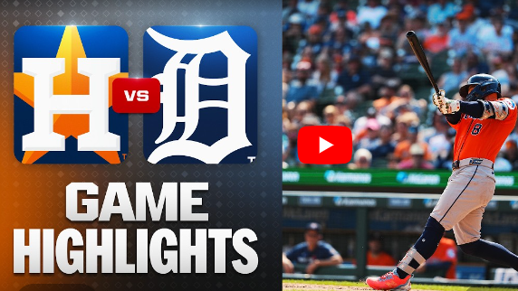 Houston Astros highlights, player swings bat in dynamic baseball scene.