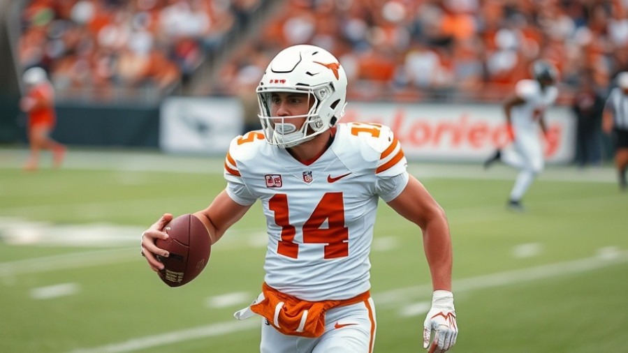 Texas Longhorns player in #14 uniform celebrating victory in SEC football upsets.
