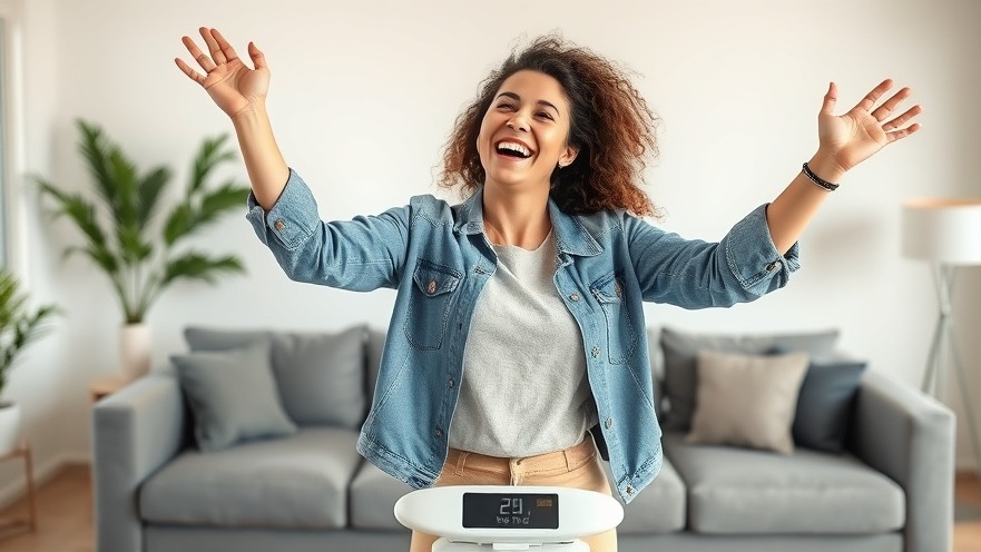 Joyful young woman celebrating self-esteem increase after surgery, standing on a scale.