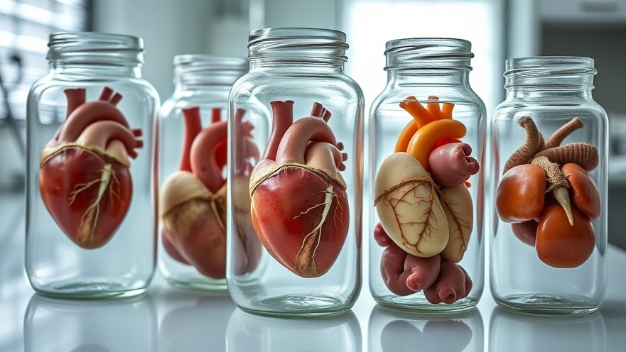 Jars of human organs on lab counter highlighting California organ donation statistics.