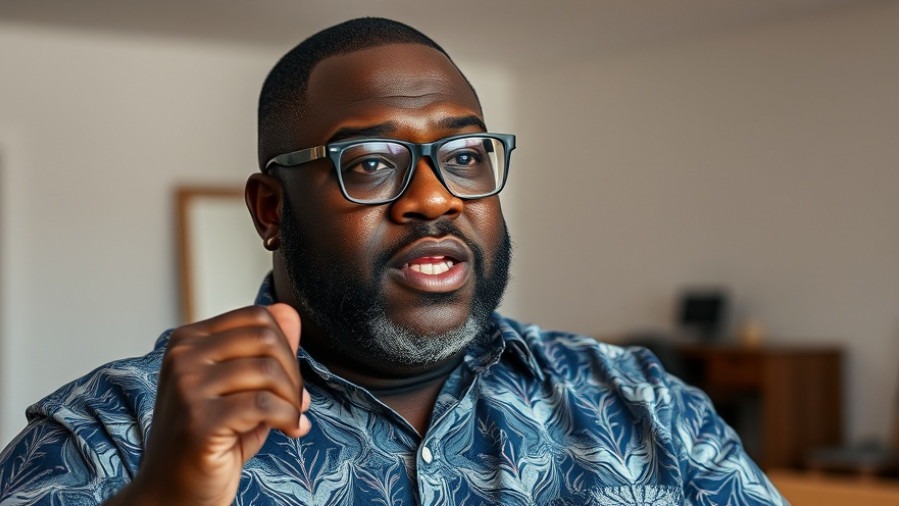 Determined big black man in glasses embodies inspiring athletes and sports narratives.