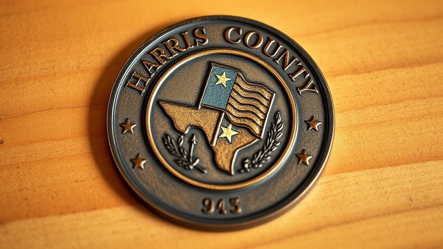 Close-up of Harris County seal emblem on wood, representing Houston local business authority.