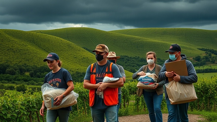 Volunteers providing Texas flood relief donations to victims under a dark sky.