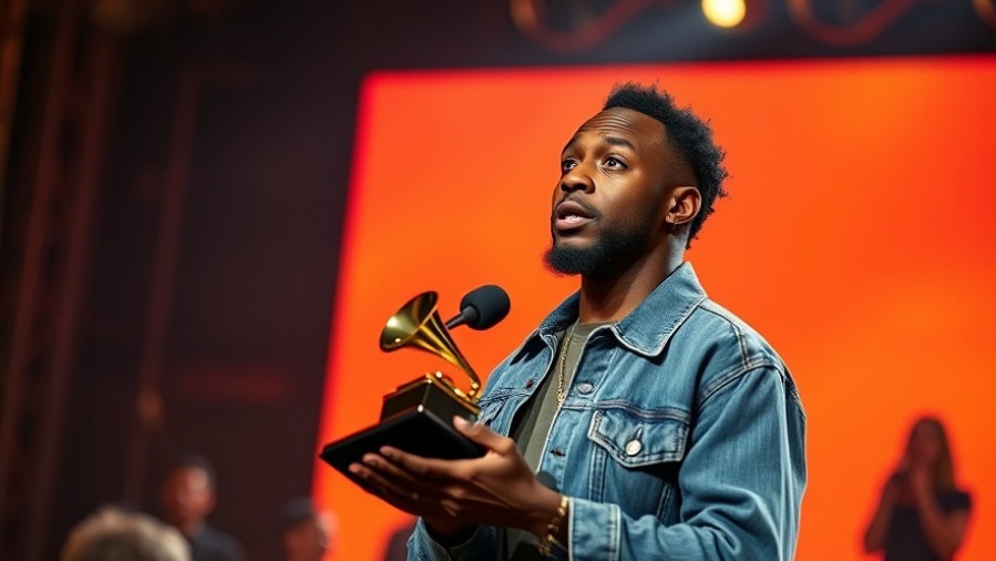 Kendrick Lamar in denim holds a Grammy Award, celebrating music nominations 2026.