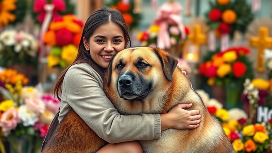 Young woman hugs her dog at a vibrant memorial site, reflecting community support for justice in San Antonio.
