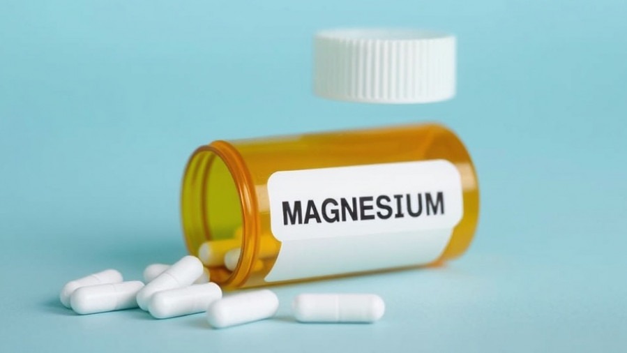 Pill bottle labeled 'MAGNESIUM' highlighting mental health resources by Houston nutritionists.