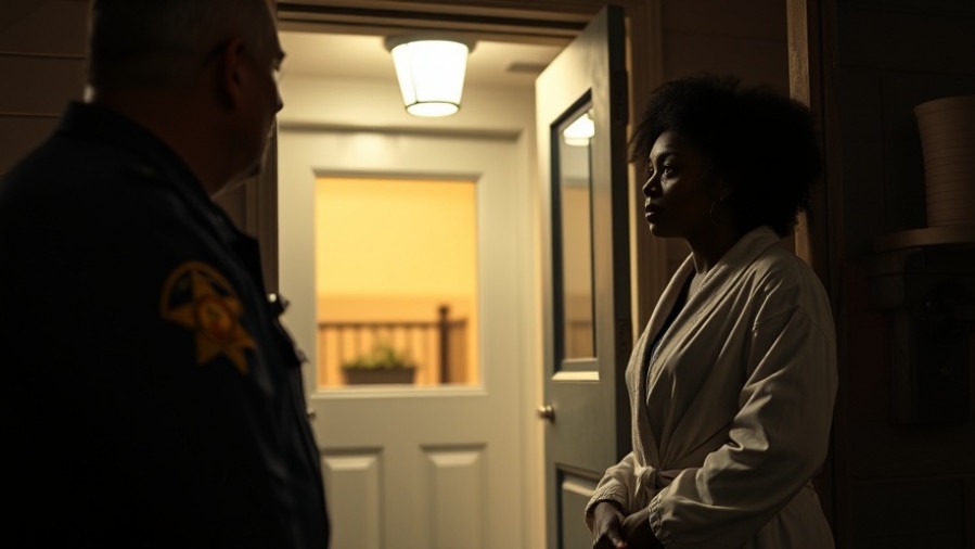 A black woman in a light robe talks to a sheriff deputy at night, emphasizing police accountability.