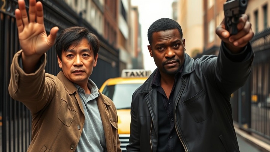 Jackie Chan and Chris Tucker embody nostalgia in film with intense expressions and urban backdrop.