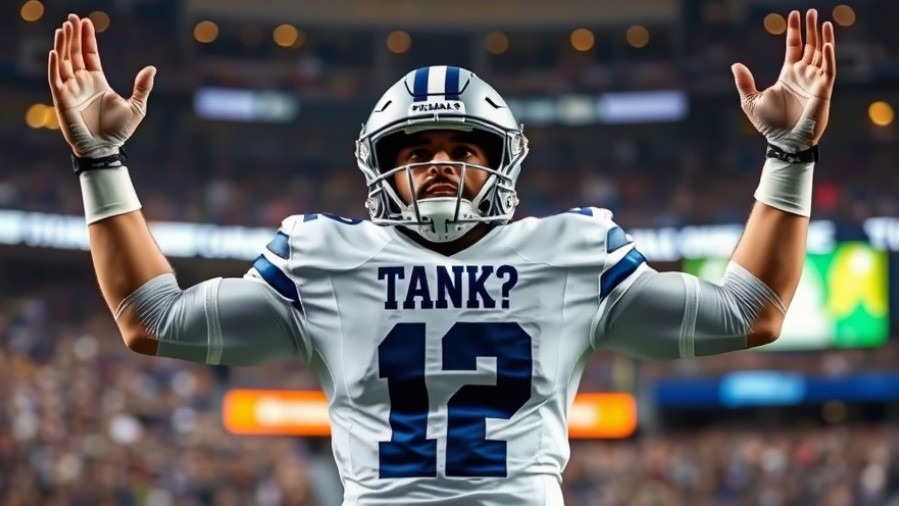 Dallas Cowboys player analyzing NFL Draft Position while raising arms on the field.