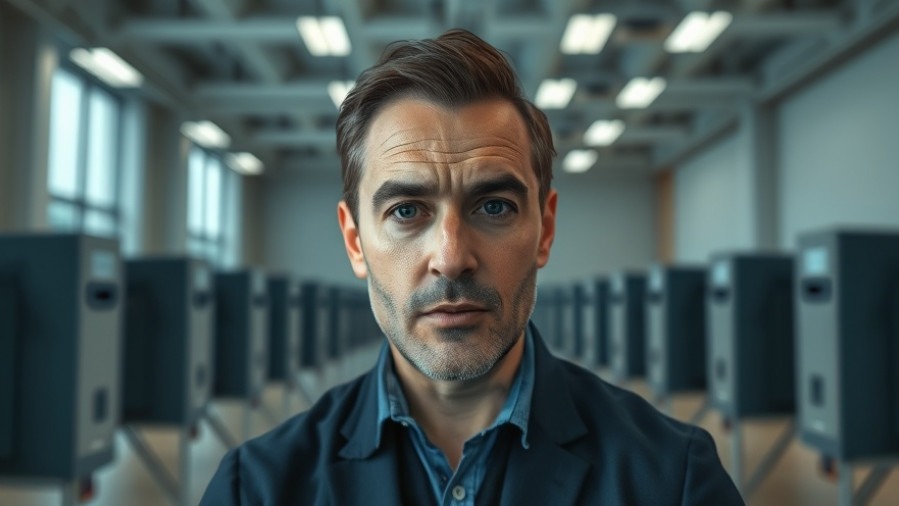 A man discussing Republican ideology nuances on a video call, juxtaposed with voting booths.
