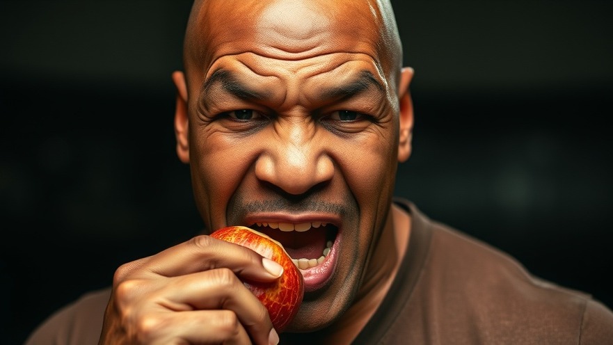 Mike Tyson eating an apple, promoting nutrition education in the obesity crisis.