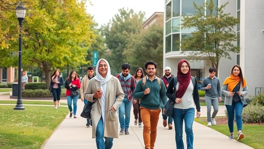 Diverse Hispanic and Muslim students on campus, reflecting Texas education reform.