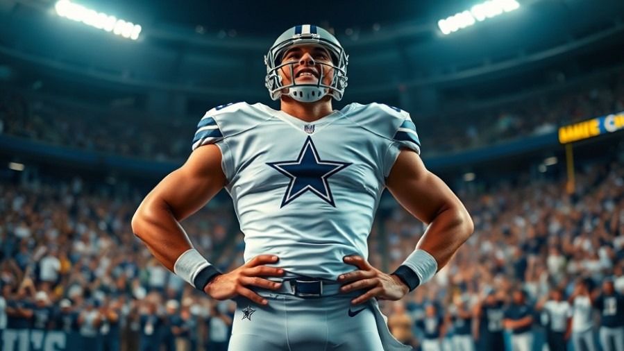 Dallas Cowboys player in dynamic pose, showcasing Dak Prescott performance against Brian Flores defense.