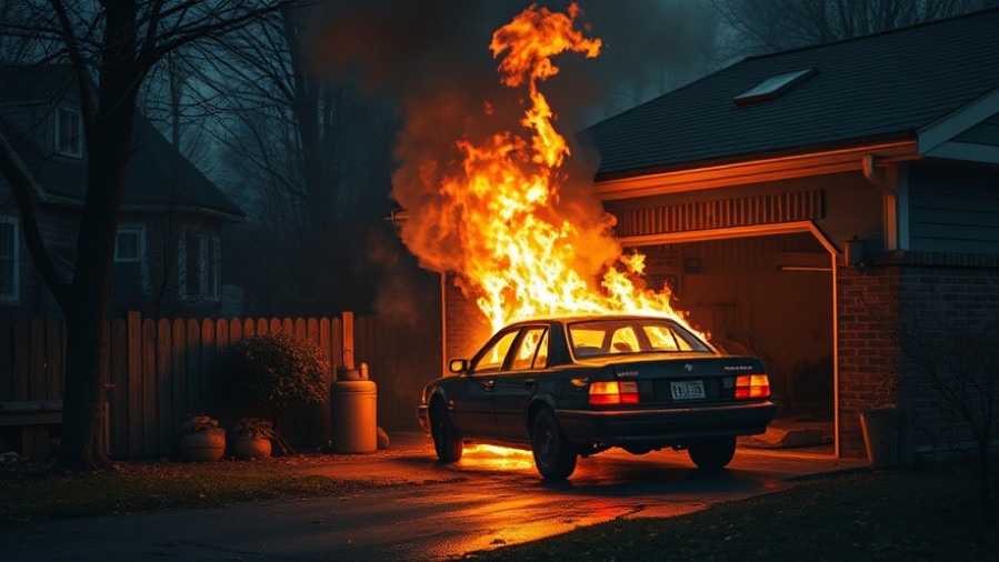 Emergency safety precautions for San Antonio: car on fire in garage near house.