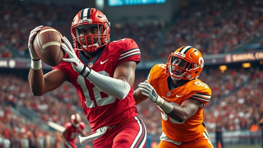 Intense NCAA recruiting updates moment: college players competing for a catch in a packed stadium.