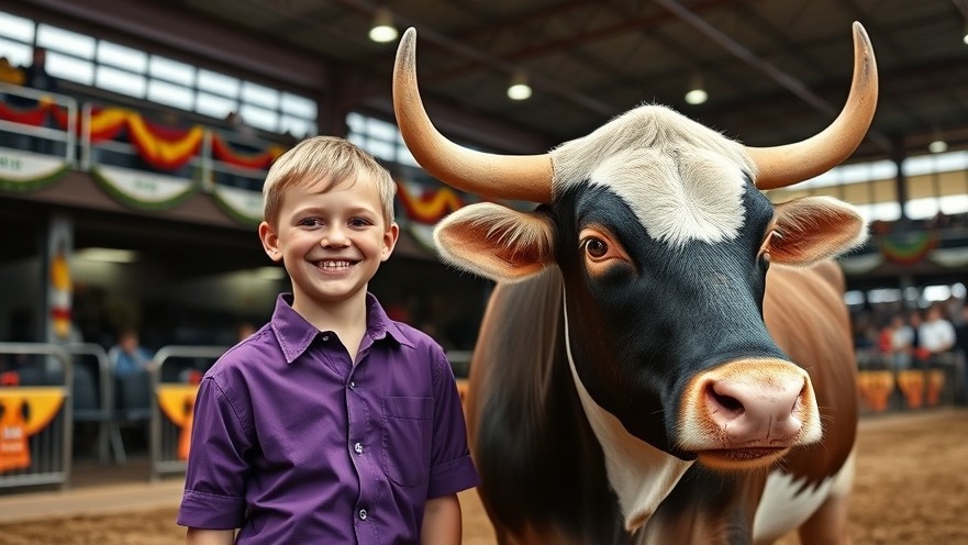 Young boy proudly next to champion steer at Texas agriculture livestock show.