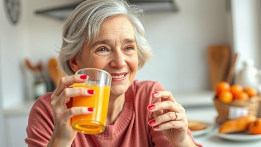 Cheerful older woman enjoying orange juice in a vibrant kitchen, promoting nutrition and mental health.
