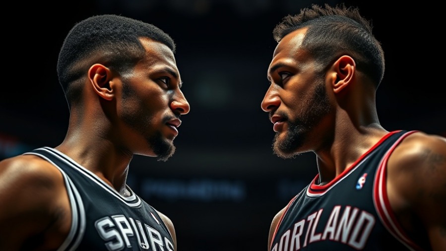 Intense face-off between SPURS and PORTLAND players in dramatic NBA season shot.