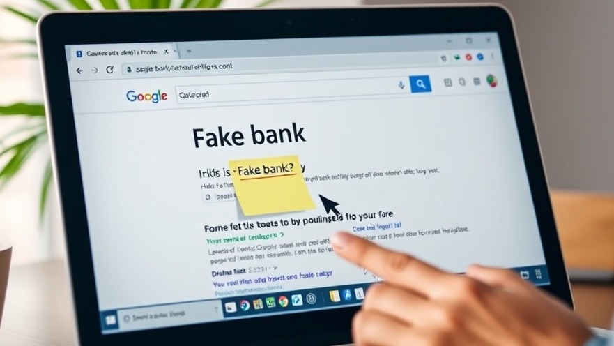 Close-up of a computer screen showing online security scams with a fake bank search result.