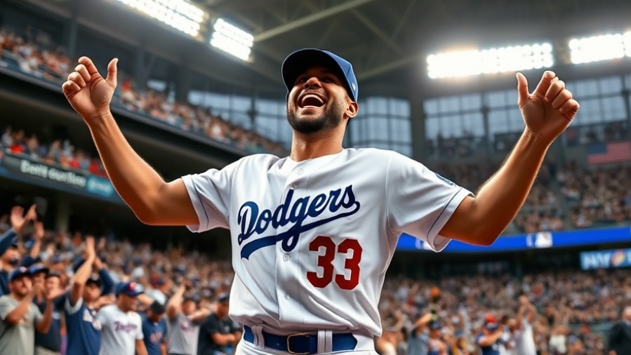 Celebrating Dodgers player captures historic World Series moments with joyful excitement.