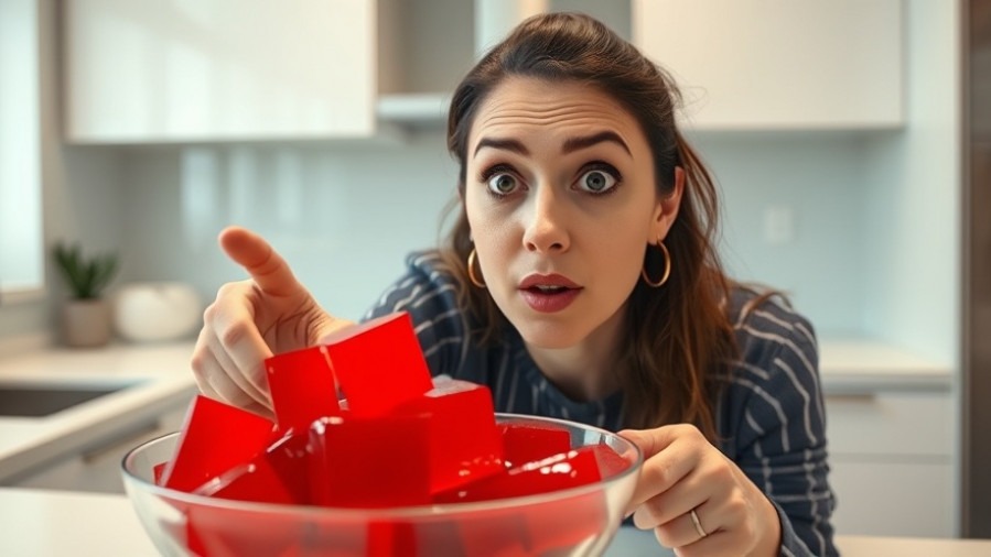 Curious woman exploring natural sleep remedies for older adults with vibrant red gelatin cubes.