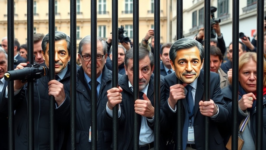 Journalists behind bars holding Sarkozy masks, highlighting campaign finance reform and political accountability.