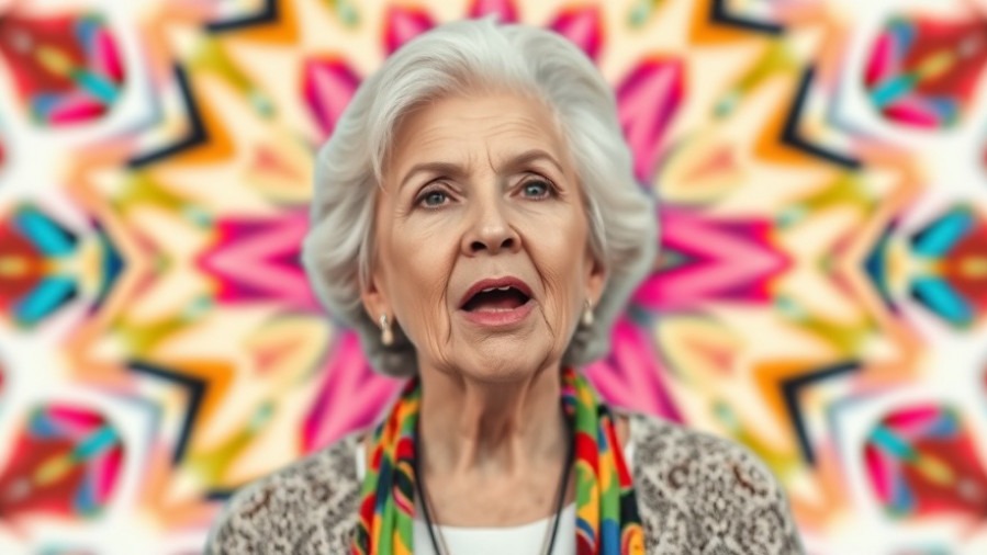 Energetic older woman sharing mental health tips with a vibrant kaleidoscope background.