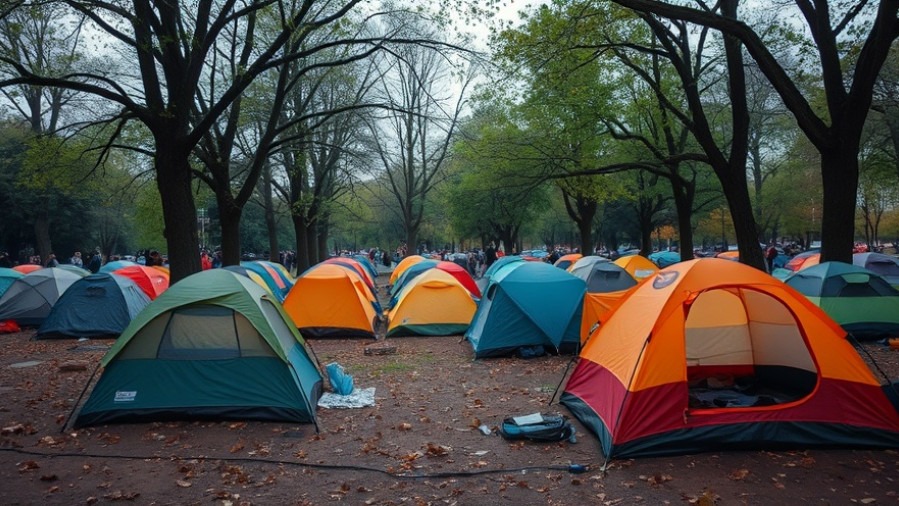 Homeless camp in city park highlighting public safety news USA on homelessness policy updates.