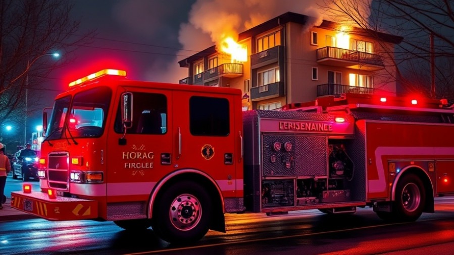 Vibrant nighttime emergency scene showcasing the San Antonio Fire Department responding to a large apartment fire.
