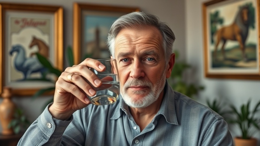 Middle-aged man enjoying mindfulness exercises for seniors with a glass of water indoors.