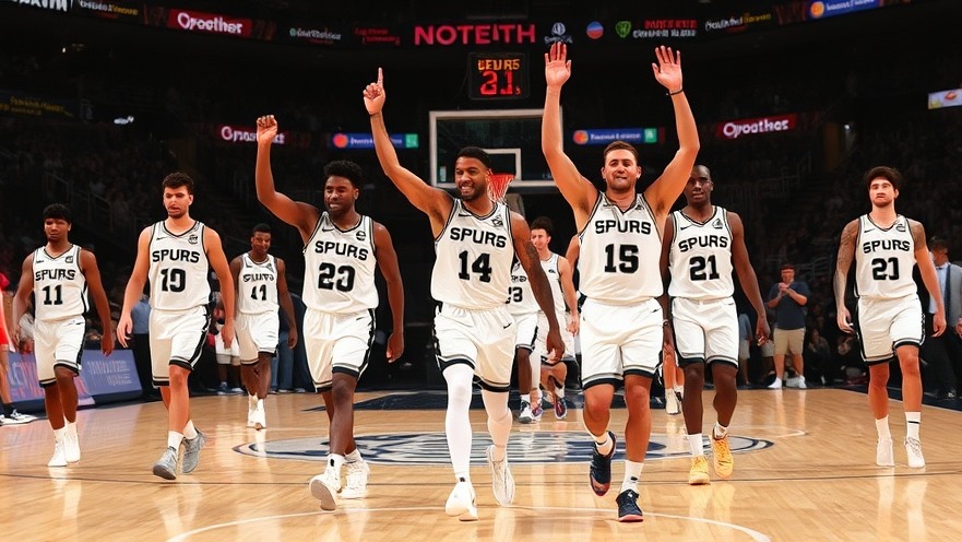 Victorious Spurs players celebrate after an NBA playoffs game, showcasing San Antonio sports pride.