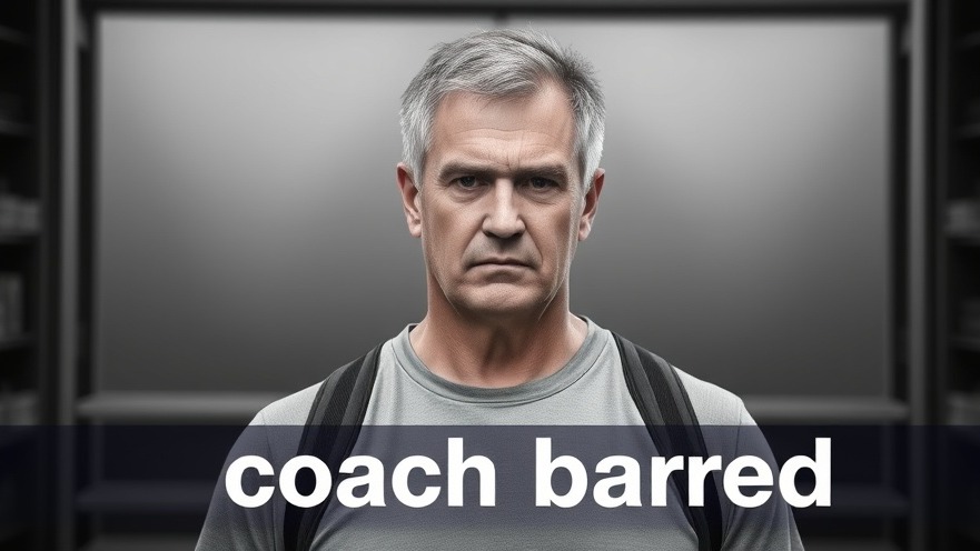 Photorealistic middle-aged man in athletic wear, 'coach barred' news graphic for Dallas breaking news.