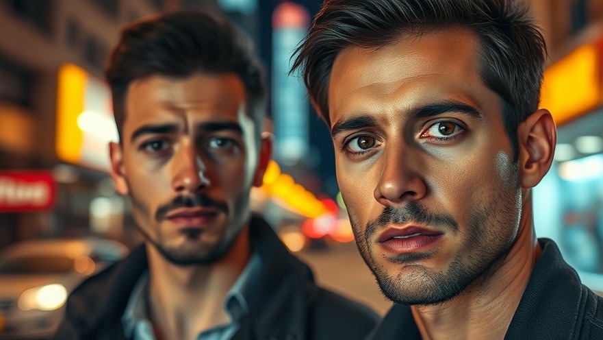 Two serious Hispanic males in a blurred New York City crime scene, highlighting immigration policy debates.
