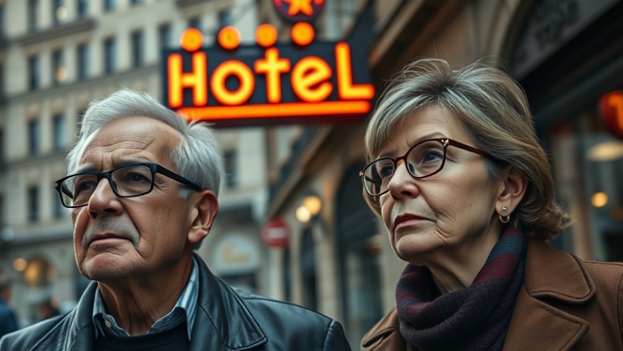 Thoughtful couple beside a neon hotel sign, reflecting on post-COVID travel trends.