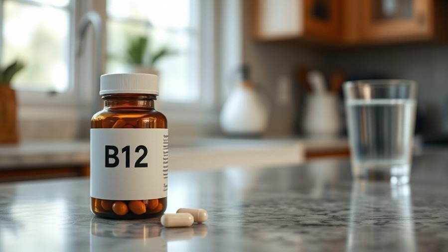 B12 pill bottle for mental wellness for seniors on kitchen counter with water.