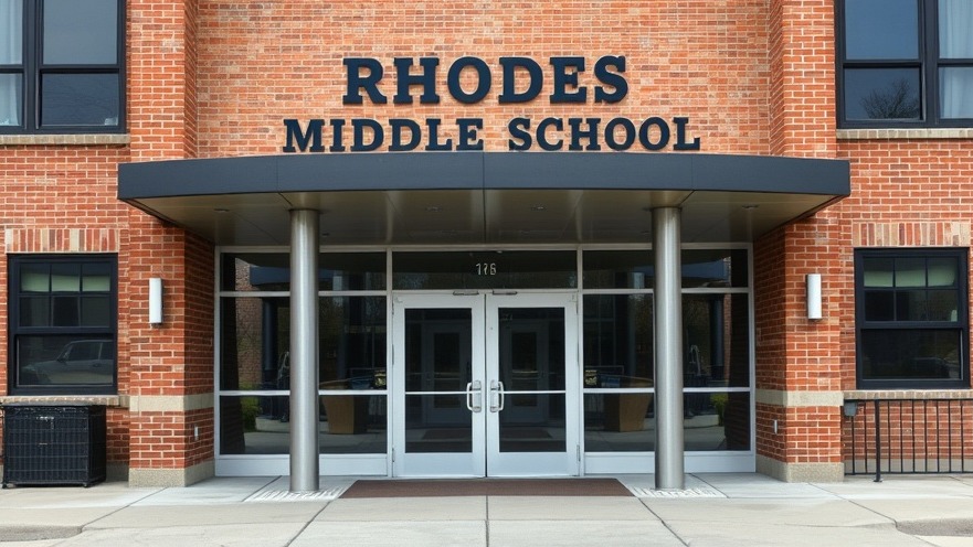 Photorealistic image of Rhodes Middle School entrance showcasing San Antonio education news.