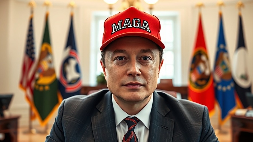 Elon Musk in a MAGA cap, influencing cryptocurrency trends in a formal office.