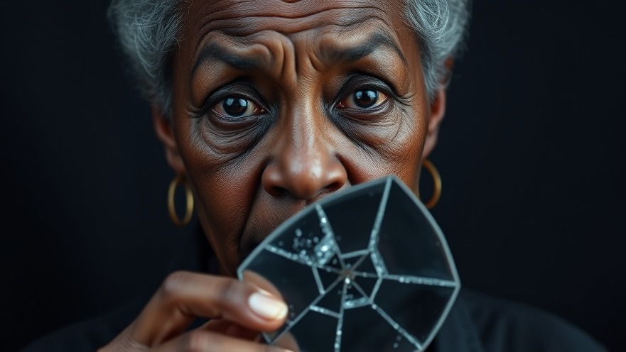 Concerned older black woman holding shattered mirror, reflecting on mental health tips.