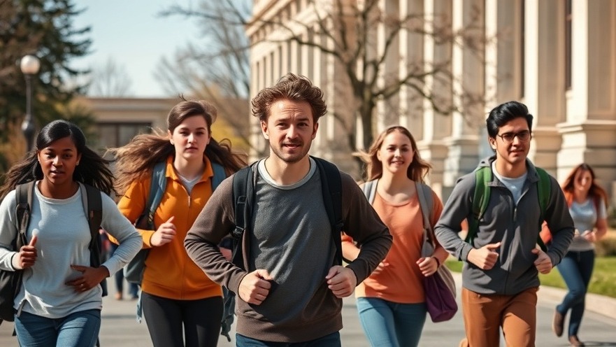 Serious students running across campus during emergency lockdown drills for safety.