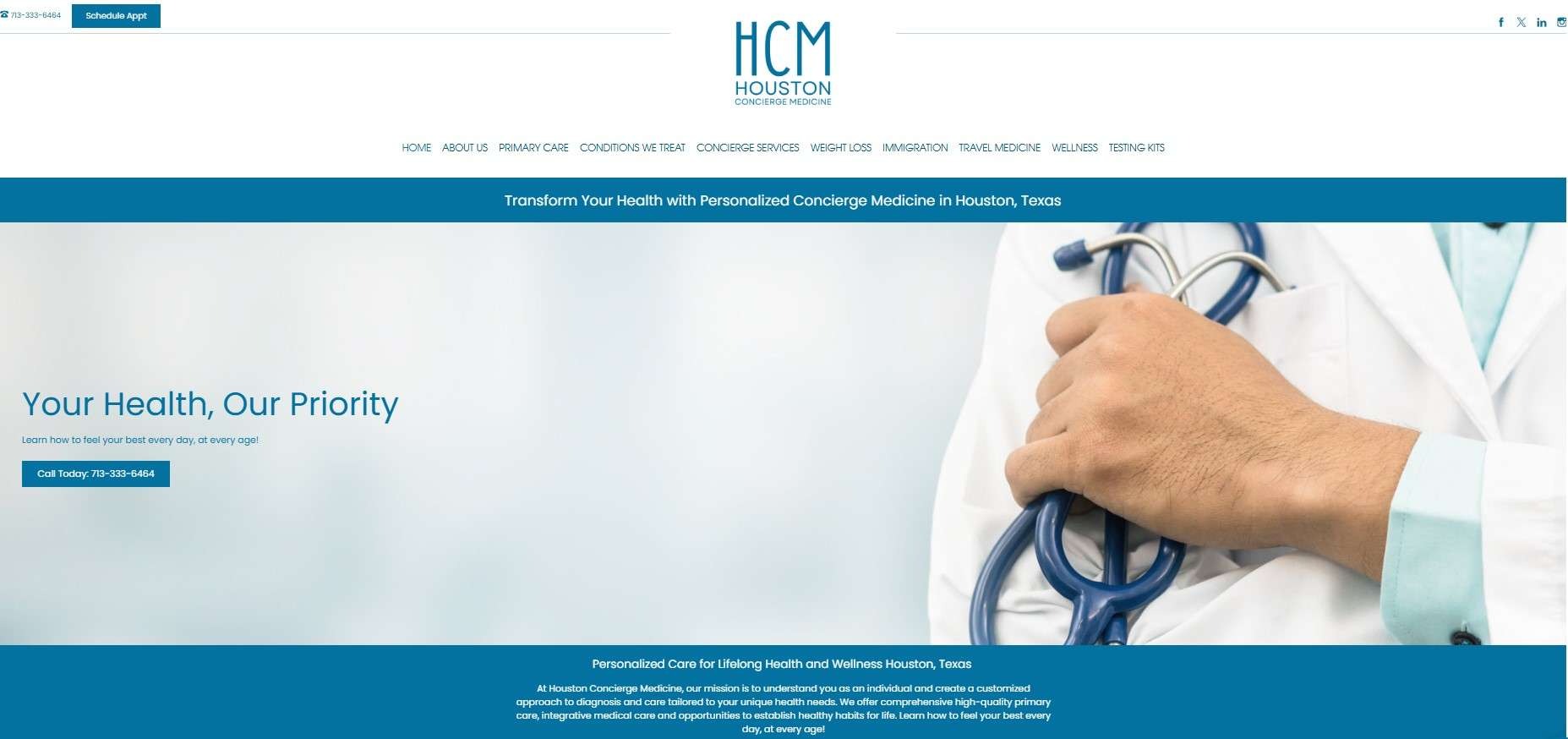 Houston concierge medicine logo in blue minimalist style on white background