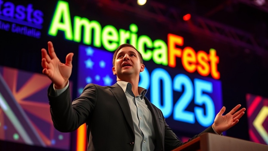 Energetic male speaker at AmericaFest 2025, showcasing conservative activism.