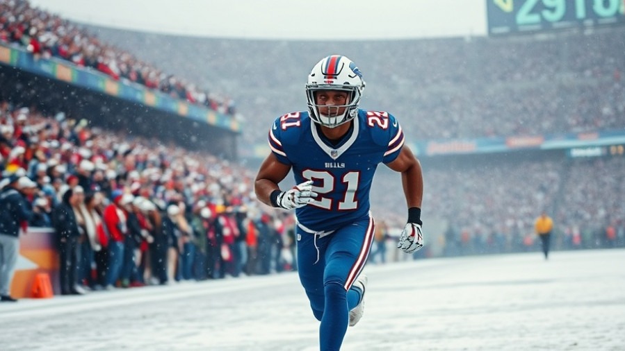 Focused Buffalo Bills player running in snow during NFL game highlights with cheering fans.