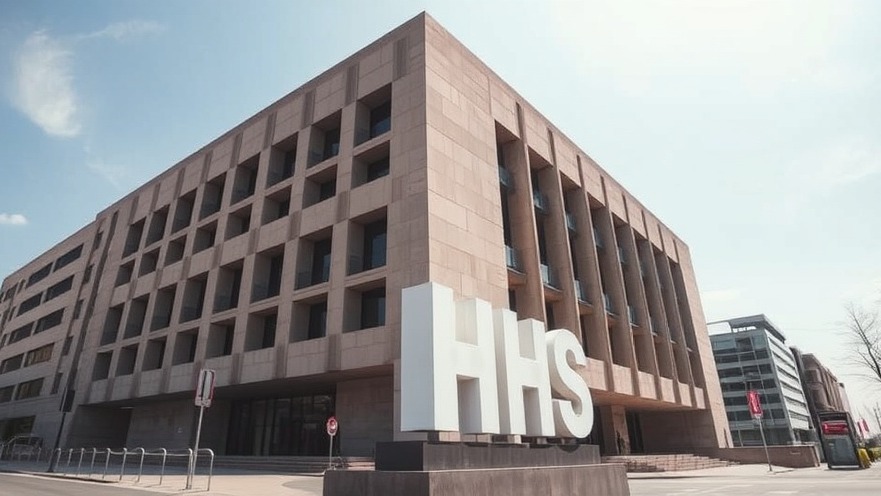 Brutalist 'HHs' building showcasing health and wellness services amid federal workforce reductions.