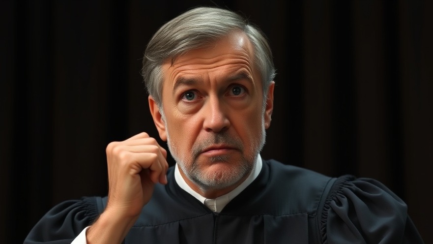 Worried American federal judge in a black robe considering a lawsuit on immigration policy.