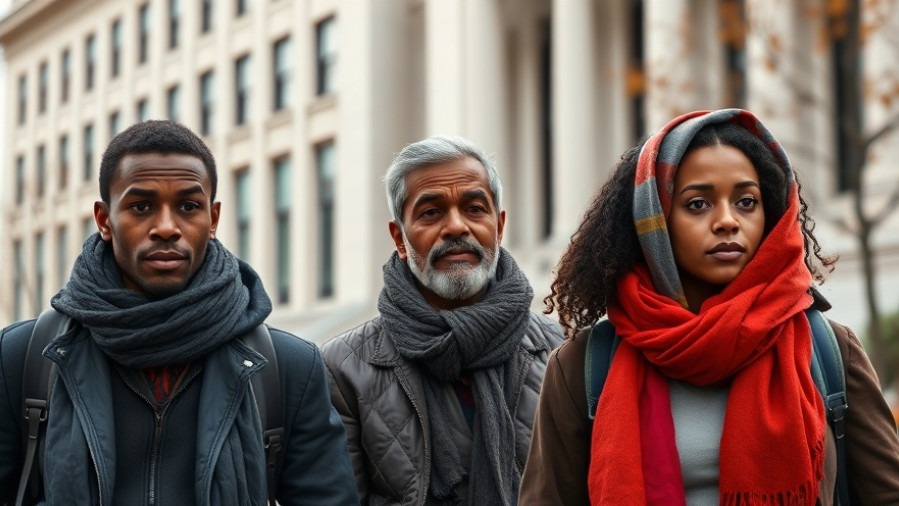 Somali immigrants walking confidently in front of a government building, symbolizing accountability in social welfare programs.
