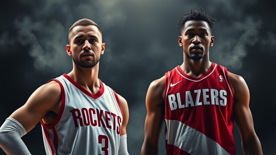 Dynamic NBA game recap poster featuring Rockets vs. Blazers players.