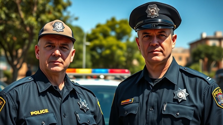 Two police officers promote Austin traffic safety near a patrol car.