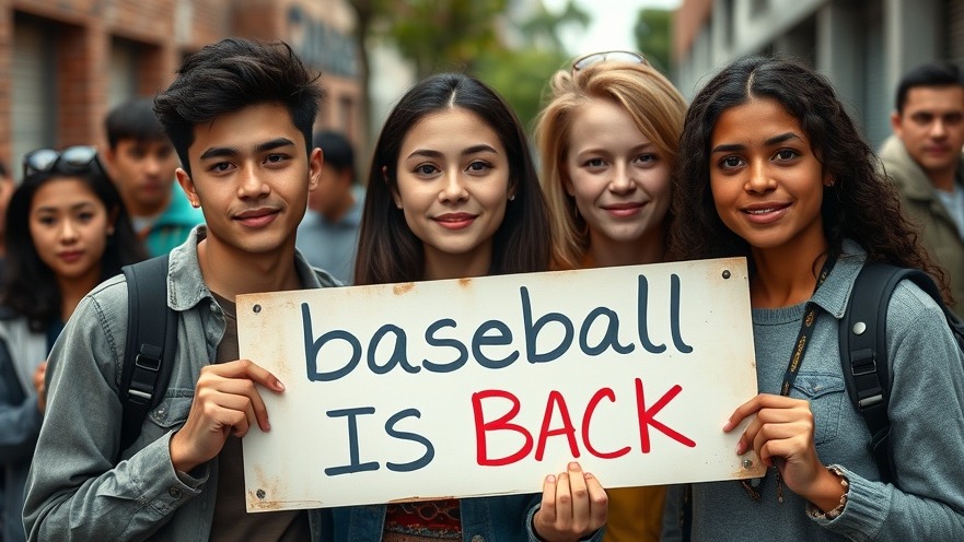 Casual young individuals engaged with a sign 'baseball IS BACK' in Austin, local news.