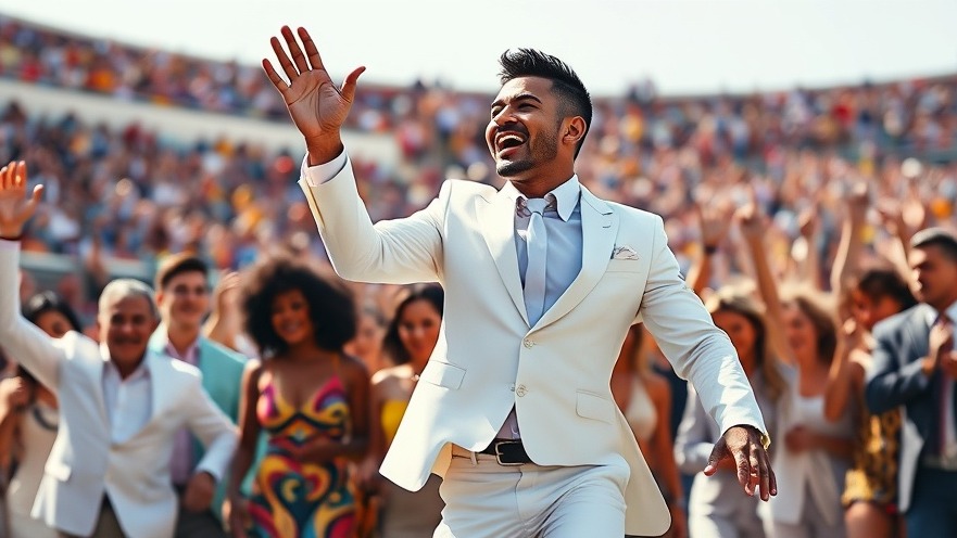 Energetic male performer in white suit leading diverse celebration at Super Bowl halftime show.